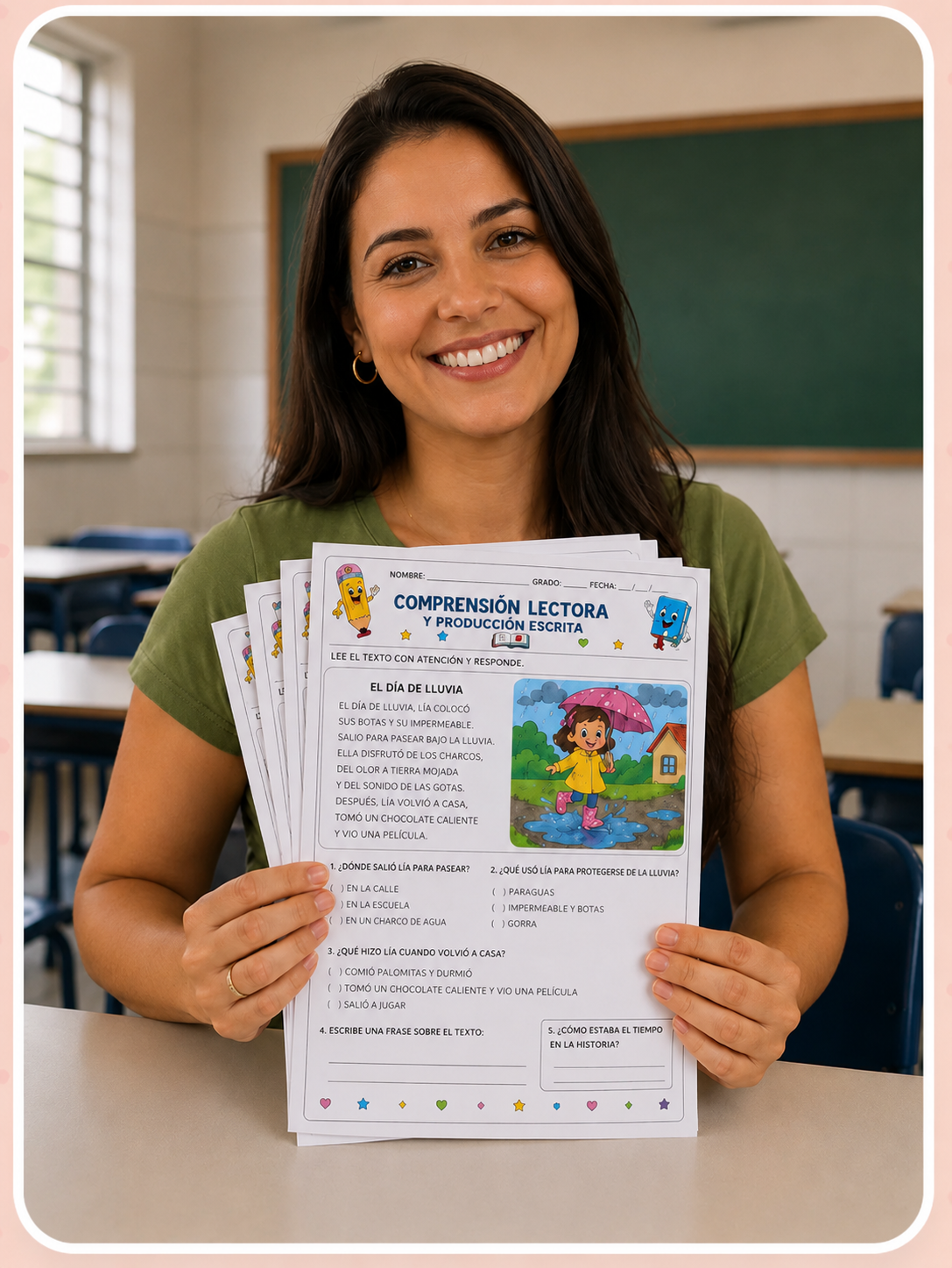 Maestra sosteniendo material de comprensión lectora